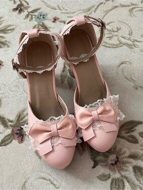 Women's Pink Bow Lace Ankle-Strap Heels